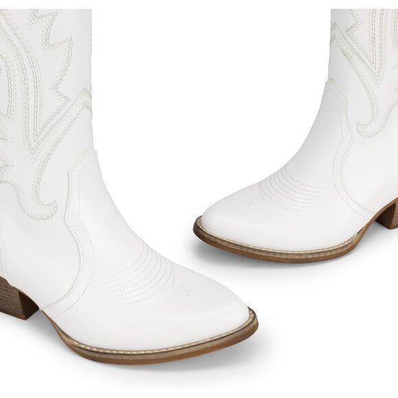 Women's White Cowgirl Boots Embroidered Pointed Toe Low Heel Mid Calf Boot - Picture 4 of 8